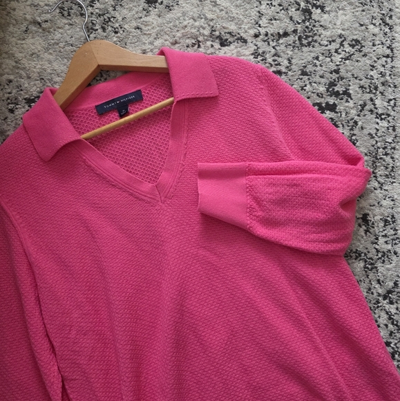 Tommy Hilfiger Sweaters - Tommy Hilfiger Waffleknit Sweater Vneck Collared Womens M Cotton Pink